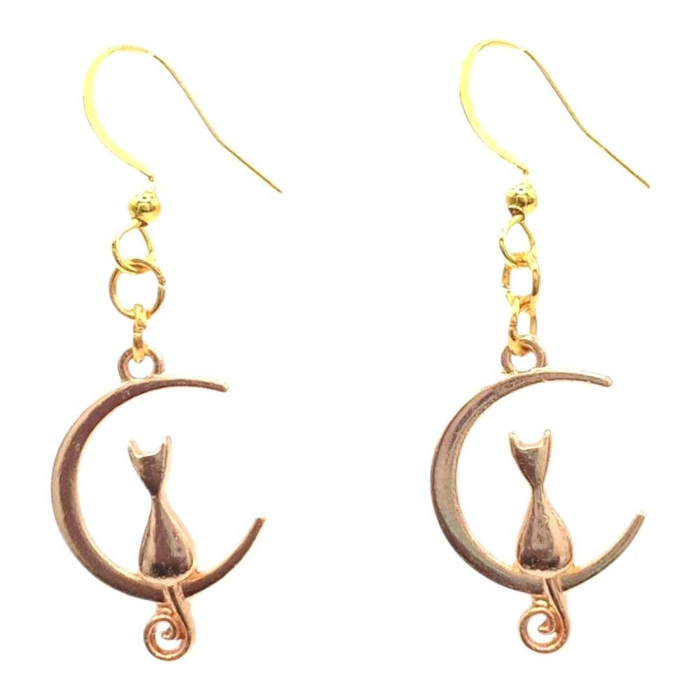 Cat on Crescent Moon Earrings Fashion Jewelry Dangle Celestial Animal Pet Night